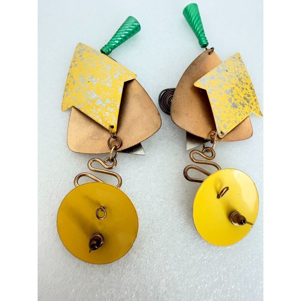 Vintage 1980s Memphis Style Geometric Mixed Metal Dangle Earrings 5 Inch Stateme - Picture 8 of 10